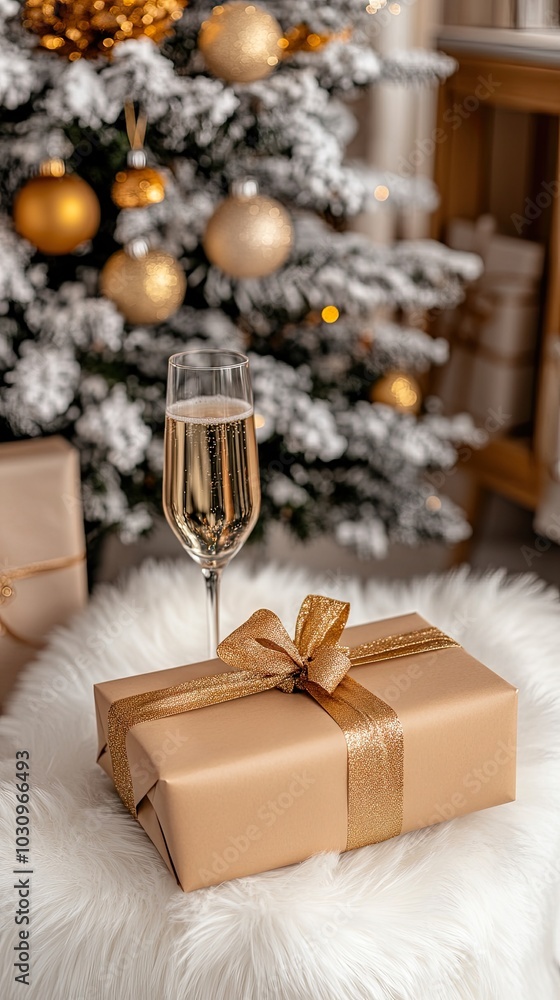 An elegant glass of champagne sits beside a carefully wrapped gift adorned with gold ribbon, complemented by a small Christmas tree with golden ornaments in a warm, inviting setting An elegant glass of champagne sits beside a carefully wrapped gift adorned with gold ribbon, complemented by a small Christmas tree with golden ornaments in a warm, inviting setting