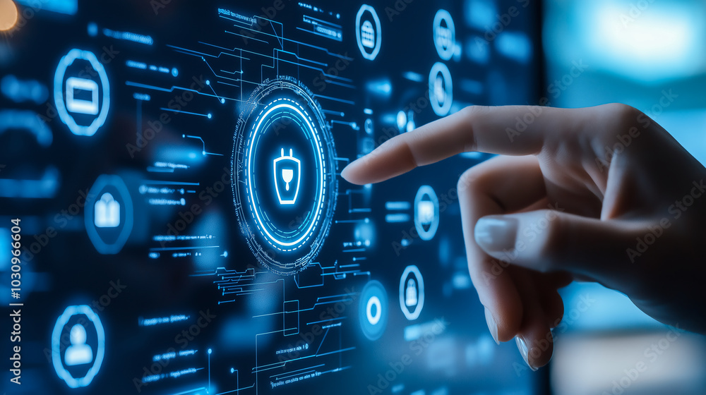 Futuristic interface with hand interacting, showcasing security icons and digital technology for cybersecurity concepts. Futuristic interface with hand interacting, showcasing security icons and digital technology for cybersecurity concepts.