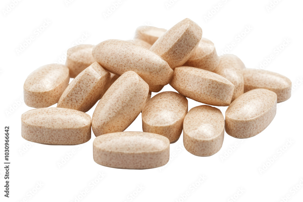 A pile of brown dietary supplements on a white background, showcasing the variety of shapes and textures. A pile of brown dietary supplements on a white background, showcasing the variety of shapes and textures.