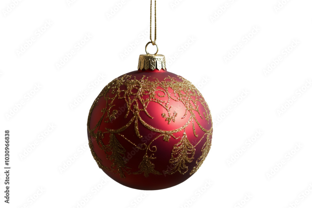 A shimmering red Christmas ornament adorned with intricate gold designs, perfect for festive decorations. A shimmering red Christmas ornament adorned with intricate gold designs, perfect for festive decorations.