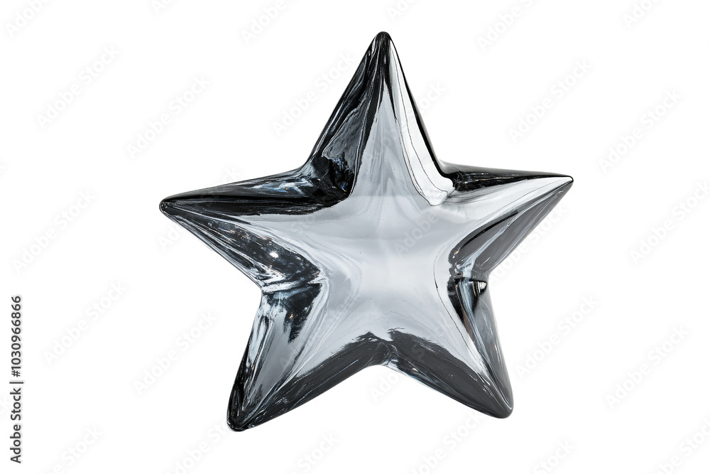 A shiny glass star shape with a smooth surface and reflective properties, on a white isolated background. A shiny glass star shape with a smooth surface and reflective properties, on a white isolated background.