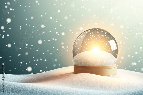 Snow globe on snowy surface with golden light and falling snowfl