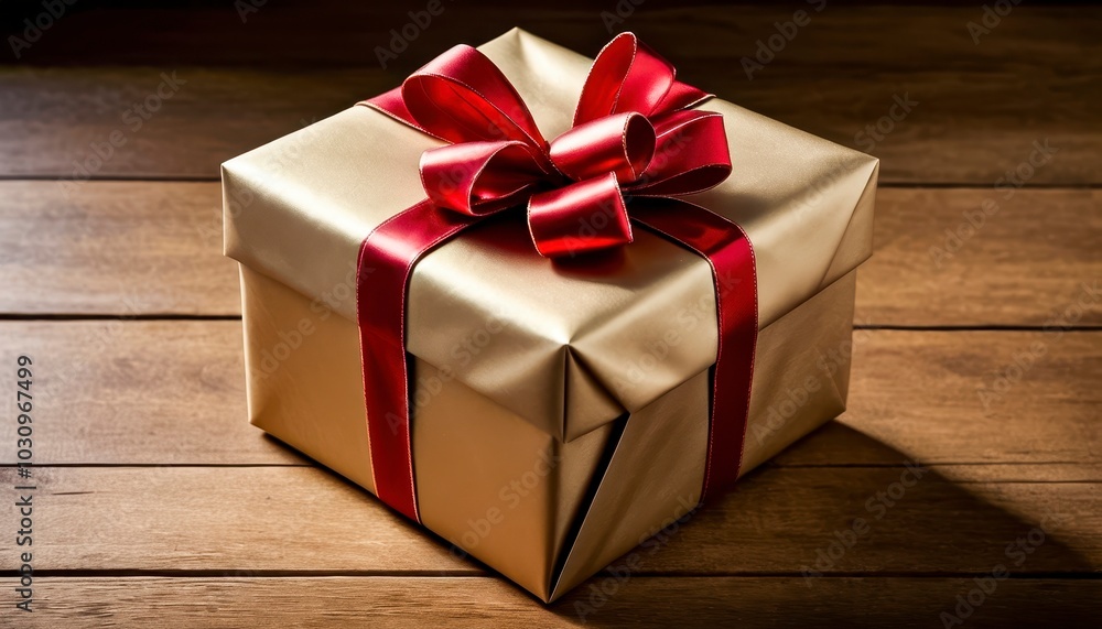A Beautifully Wrapped Gift Box With a Red Bow Sits on a Wooden Table, Waiting to Be Opened A Beautifully Wrapped Gift Box With a Red Bow Sits on a Wooden Table, Waiting to Be Opened