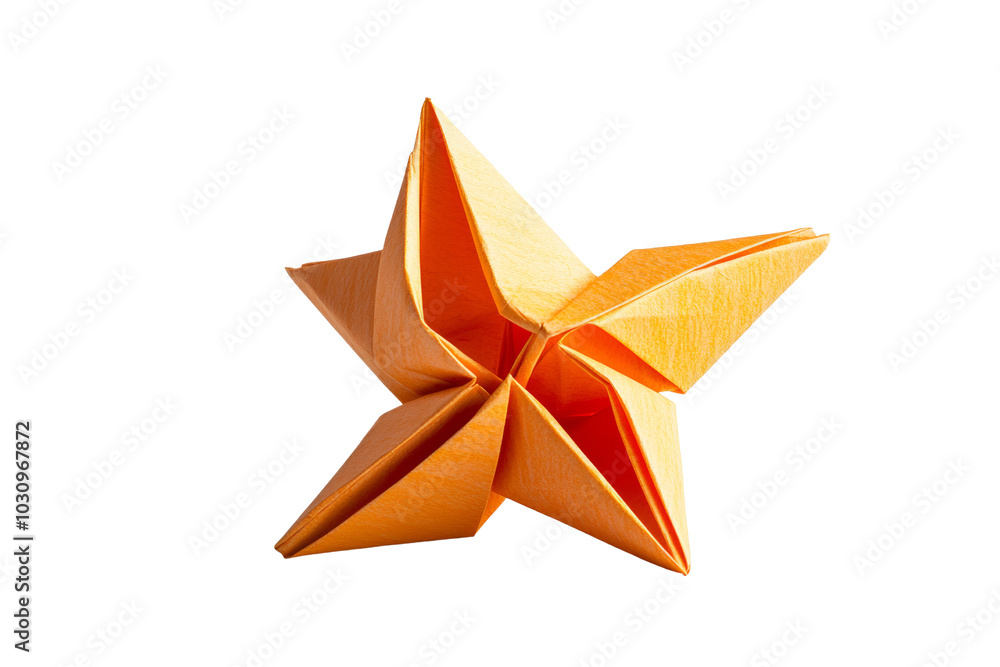 A vibrant, orange origami star on a white isolated background, showcasing the art of paper folding and creativity. A vibrant, orange origami star on a white isolated background, showcasing the art of paper folding and creativity.