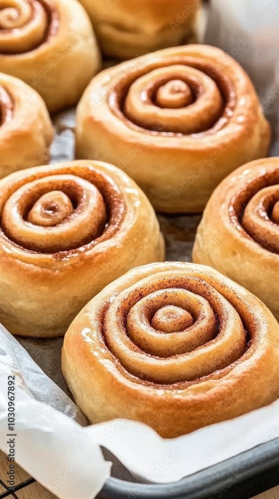 Golden-brown cinnamon rolls rest on a wire rack, wrapped in parchment paper, showcasing their sweet, aromatic swirls. The warm tones invite indulgence Golden-brown cinnamon rolls rest on a wire rack, wrapped in parchment paper, showcasing their sweet, aromatic swirls. The warm tones invite indulgence