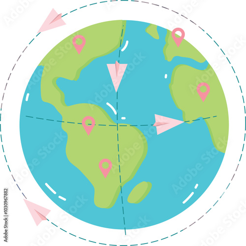 Vector paper plane moving around earth globe icon