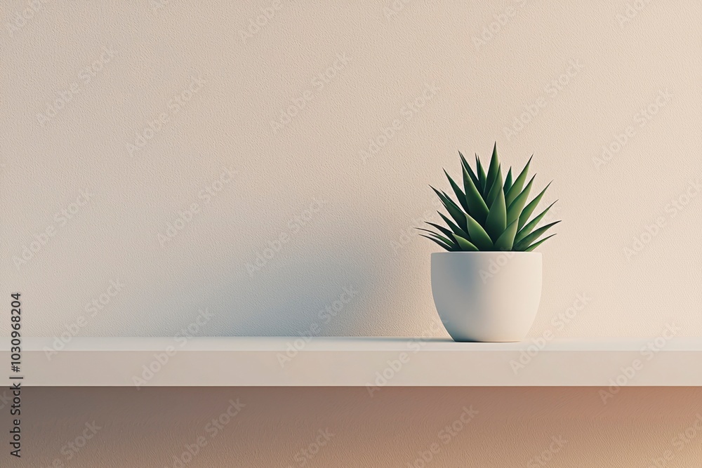 A Potted Plant on a White Shelf Against a White Wall A Potted Plant on a White Shelf Against a White Wall