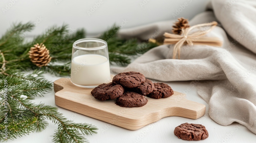 A stack of freshly baked chocolate cookies rests beside a tall glass of milk, showcasing a minimalistic kitchen ambiance enhanced by natural lighting, creating a cozy atmosphere A stack of freshly baked chocolate cookies rests beside a tall glass of milk, showcasing a minimalistic kitchen ambiance enhanced by natural lighting, creating a cozy atmosphere