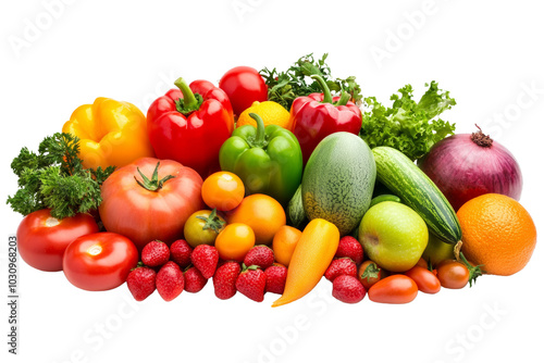 A vibrant assortment of fresh vegetables and fruits, showcasing a rich variety of colors and textures, ideal for healthy eating.