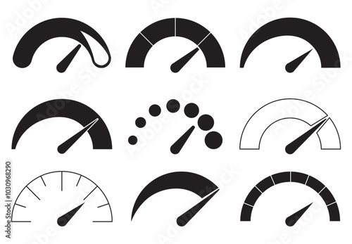 Speed indicator signs set. Speedometers and tachometers. Gauge indicator for performance measurement. Graphic elements for website. Linear vector collection