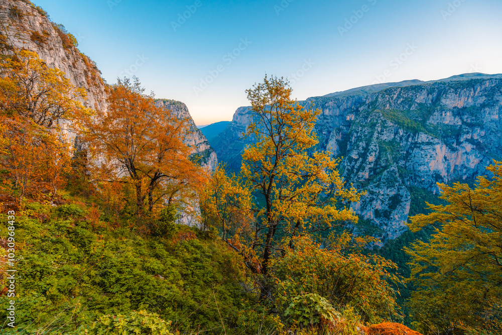 Vikos Gorge from the Oxya Viewpoint in the national park in Vikos-Aoos in zagori, northern Greece. Nature landscape Vikos Gorge from the Oxya Viewpoint in the national park in Vikos-Aoos in zagori, northern Greece. Nature landscape