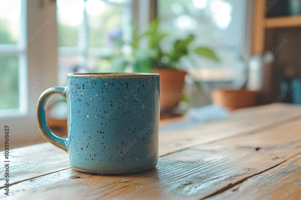 A speckled blue ceramic mug on a wooden table A speckled blue ceramic mug on a wooden table