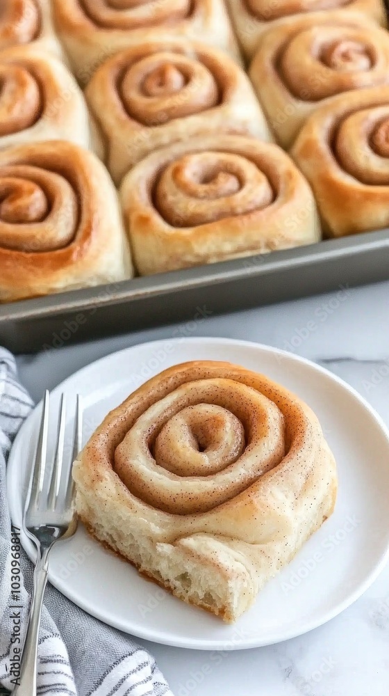 A single cinnamon roll sits on a small plate next to a fork, with a large tray of freshly baked cinnamon rolls in the background, all against a pristine white backdrop