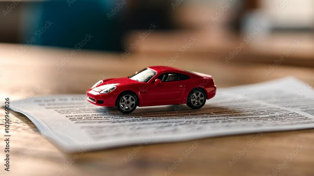 custom made wallpaper toronto digitalA red toy car sits on a piece of paper with fine print, suggesting the possibility of car insurance or a car loan