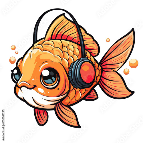 Goldfish wearing headphones, isolated on white background, transparent background photo