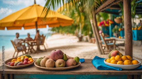 AI generated an image of a Tropical local fruit market, delicious looking with vibrant colors, waiting for tourists to tantalize their taste buds photo