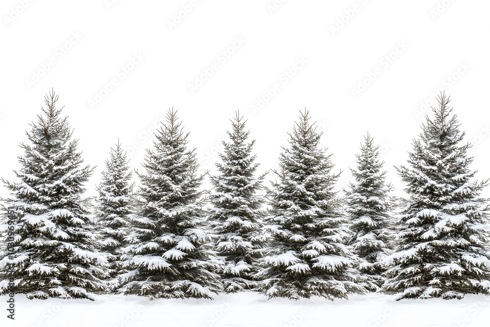 A serene row of evergreen trees blanketed in fresh snow, set against a clean white background. A serene row of evergreen trees blanketed in fresh snow, set against a clean white background.