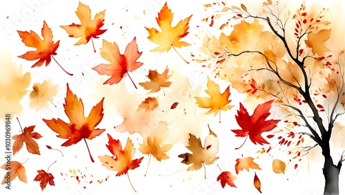 Dreamlike ink wash of autumn leaves falling softly in golden and red tones, blending into white. AI-generated.	
