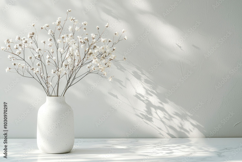 White Flowers in a Speckled White Vase on a Marble Countertop White Flowers in a Speckled White Vase on a Marble Countertop