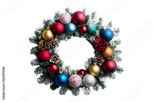 Colorful Christmas wreath adorned with ornaments and pinecones against a white background.