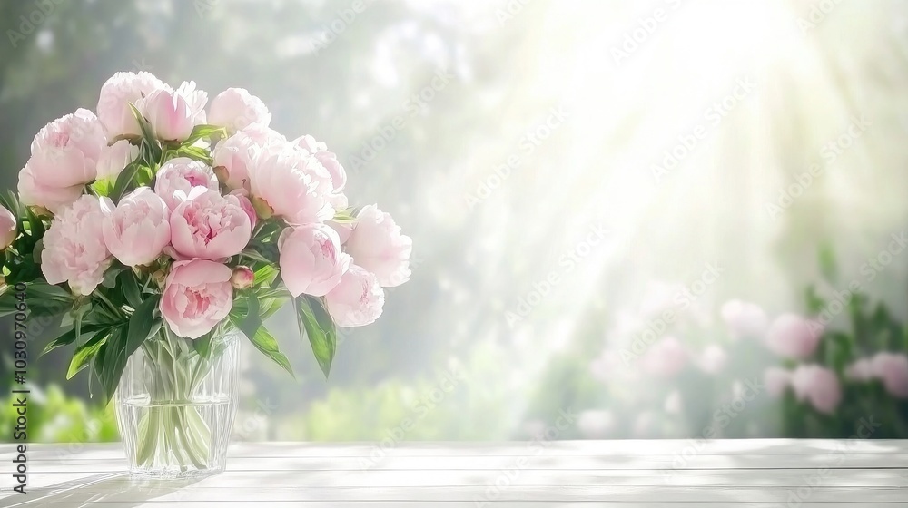 A large bouquet of elegant pink peonies fills a clear glass vase, showcasing their detailed petals as sunlight streams through the window, casting delicate shadows A large bouquet of elegant pink peonies fills a clear glass vase, showcasing their detailed petals as sunlight streams through the window, casting delicate shadows