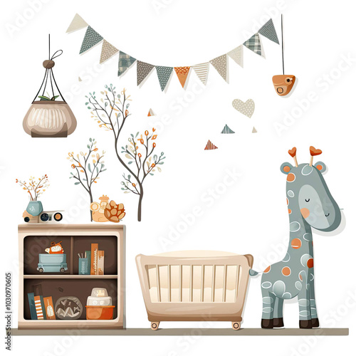 A giraffe is sleeping in a crib next to a bookshelf