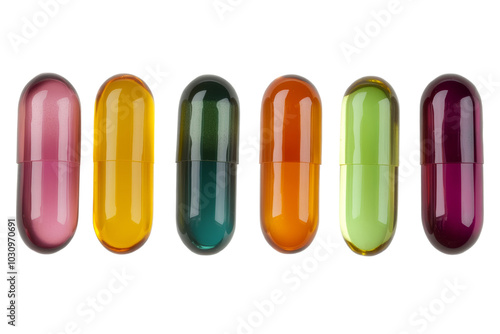 Colorful capsules arranged in a row, ideal for wellness and pharmaceutical concepts.