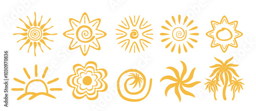 Tropical summer drawing icons set. Pack of suns, palms and leaves. Holiday and vacation in exotic countries. Graphic elements for website. Flat vector collection