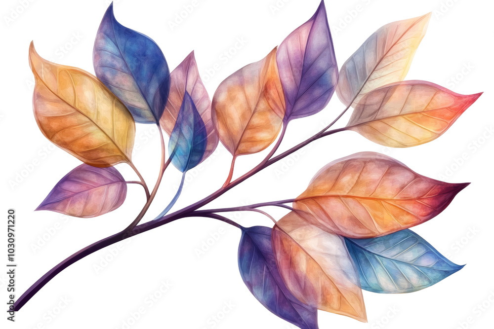 Fototapeta premium Colorful leaves branch design with shades of purple, orange, and blue, isolated on a white background.