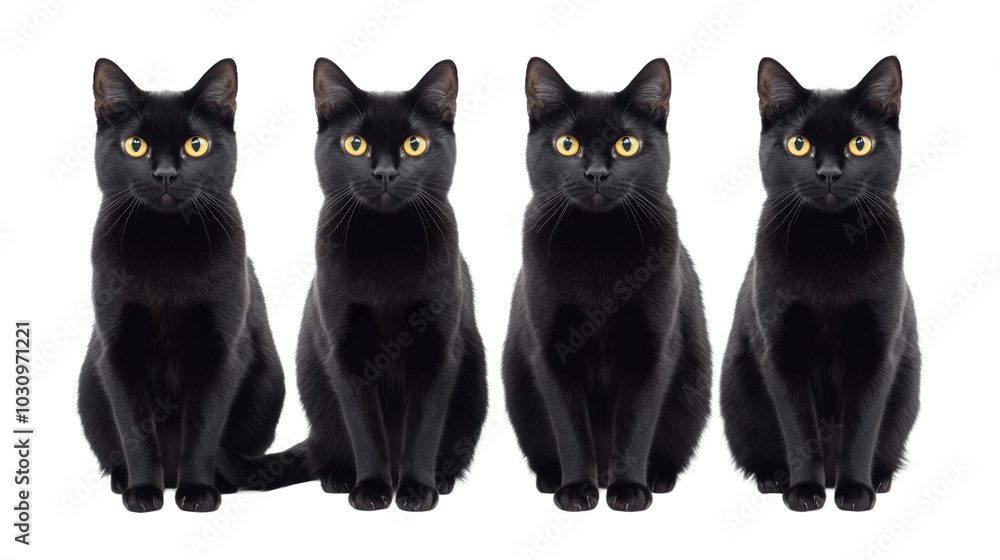 Fototapeta Three sitting black cat with yellow eyes isolated on transparent background
