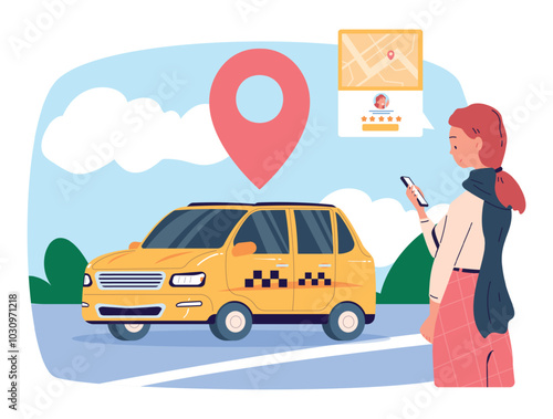 Cabs rent service. Taxi transportation sharing mobile app costomer, woman passenger with smartphone waiting searching renting car, internet review driver rating vector illustration