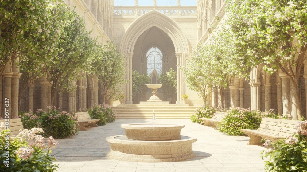 Fototapeta premium Tranquil Courtyard of a Gothic Monastery - Ultra-Detailed 3D Render Illustration with Stone Benches, Blooming Flowers, and Fountain