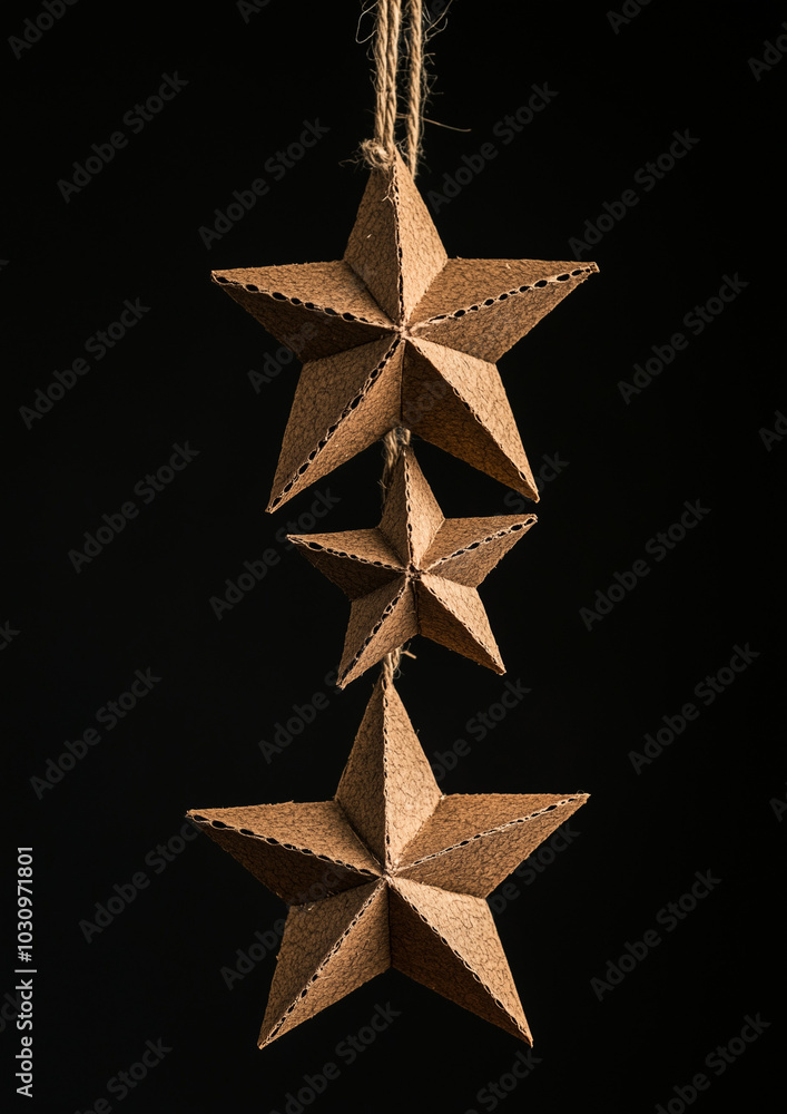 Star-shaped cardboard decorations hang against a black background in a close-up view.Minimal creative Christmas holiday concept.Copy space,flat lay Star-shaped cardboard decorations hang against a black background in a close-up view.Minimal creative Christmas holiday concept.Copy space,flat lay