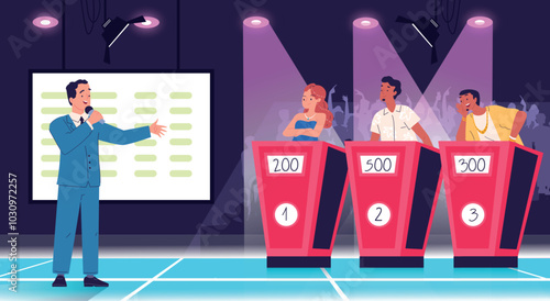 Game quiz show. People contest television game players, man and woman standing on stand with buttons answer questions tv presenter, smart erudite competition vector illustration