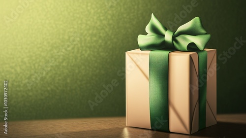 Gift box with green ribbon on wooden table against green backgro