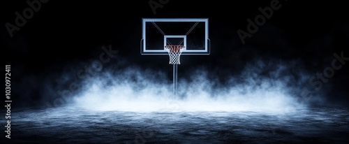 Basketball Hoop in Foggy Night - Sports Background photo