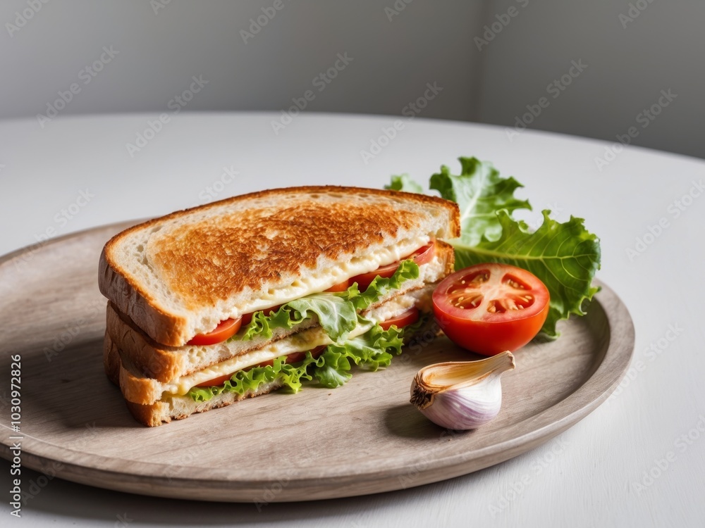 A toasted sandwich with tomatoes and lettuce on a wooden platter next to a roasted garlic clove. A toasted sandwich with tomatoes and lettuce on a wooden platter next to a roasted garlic clove.
