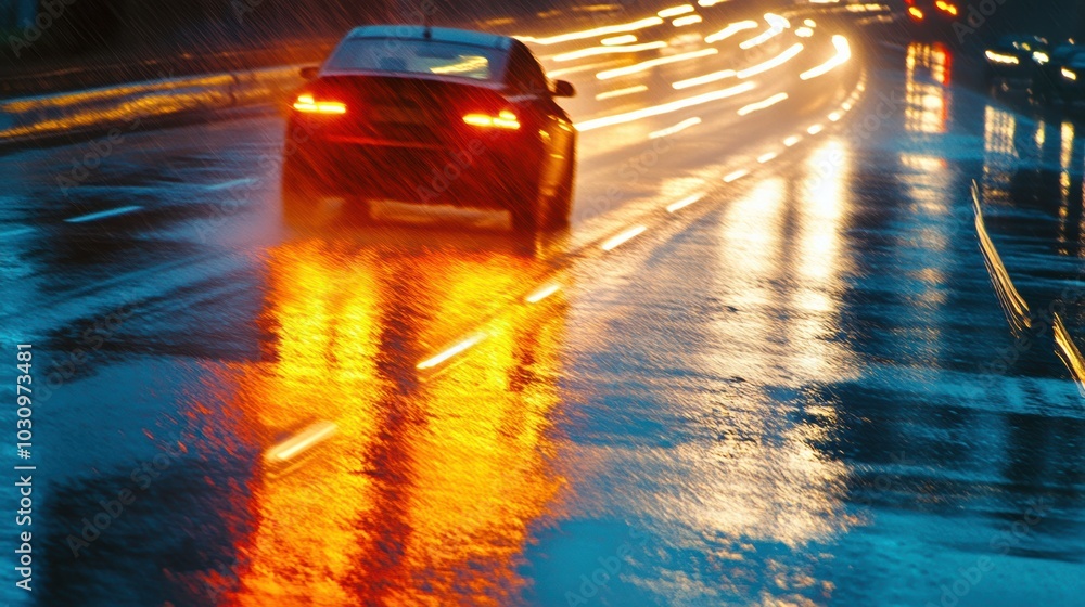 Car Driving Through Urban Rain on a Reflective Wet Road Creating Dynamic Light Trails at Night. Generative AI Car Driving Through Urban Rain on a Reflective Wet Road Creating Dynamic Light Trails at Night. Generative AI