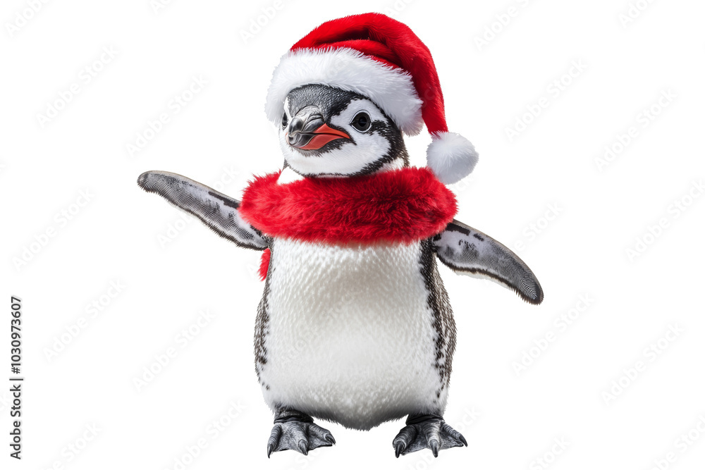 Fototapeta premium Festive penguin wearing a Santa hat and red scarf, perfect for holiday-themed decorations and celebrations.