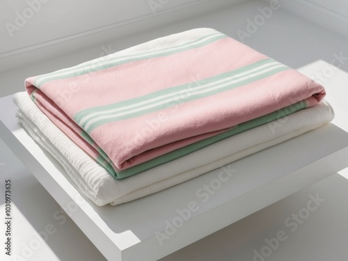 A white surface covered by a pink and green blanket on top of two folded blankets. photo