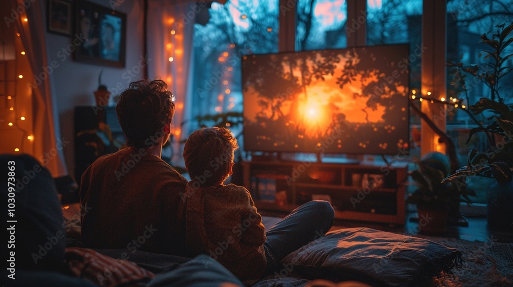 A family enjoying a movie night at home. A family enjoying a movie night at home.