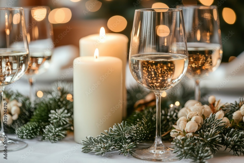 Festive Table Setting with Candles, Wine, and Evergreen Garland Festive Table Setting with Candles, Wine, and Evergreen Garland