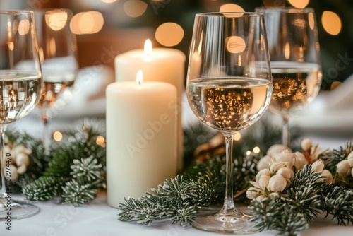 Festive Table Setting with Candles, Wine, and Evergreen Garland photo