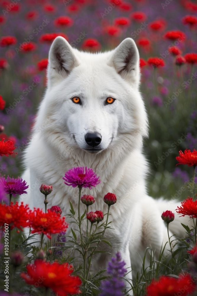 Obraz premium A white wolf with fiery red eyes sits amidst a vibrant field of red and purple blooms Red and purple flowers surround the wolf in the foreground.