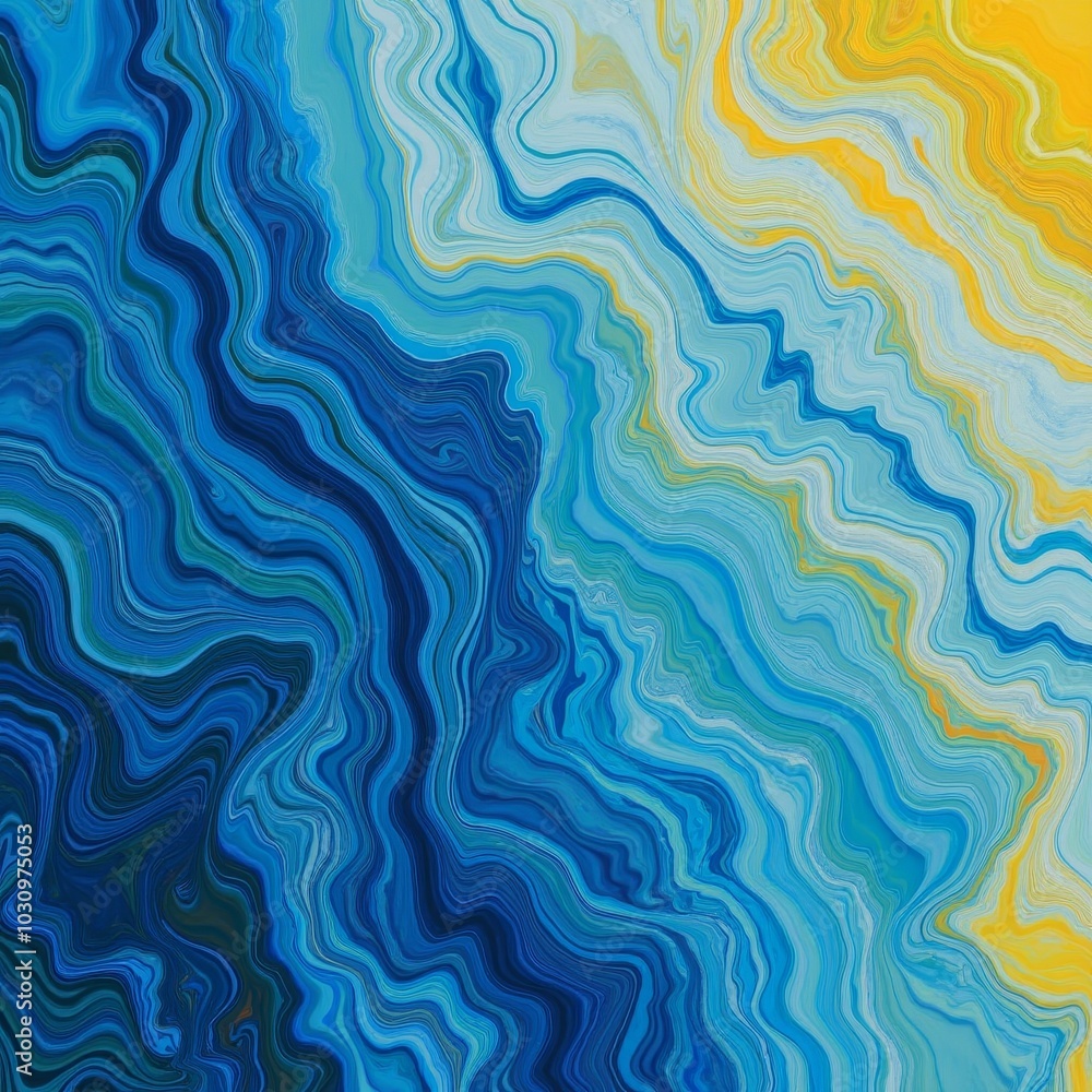 Swirling blue and yellow abstract artwork featuring fluid patterns on canvas displayed indoors Swirling blue and yellow abstract artwork featuring fluid patterns on canvas displayed indoors