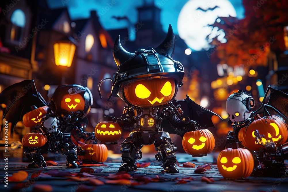 Halloween Chibi Characters with Glowing Pumpkins and Bat Wings in a Festive Night Scene Halloween Chibi Characters with Glowing Pumpkins and Bat Wings in a Festive Night Scene
