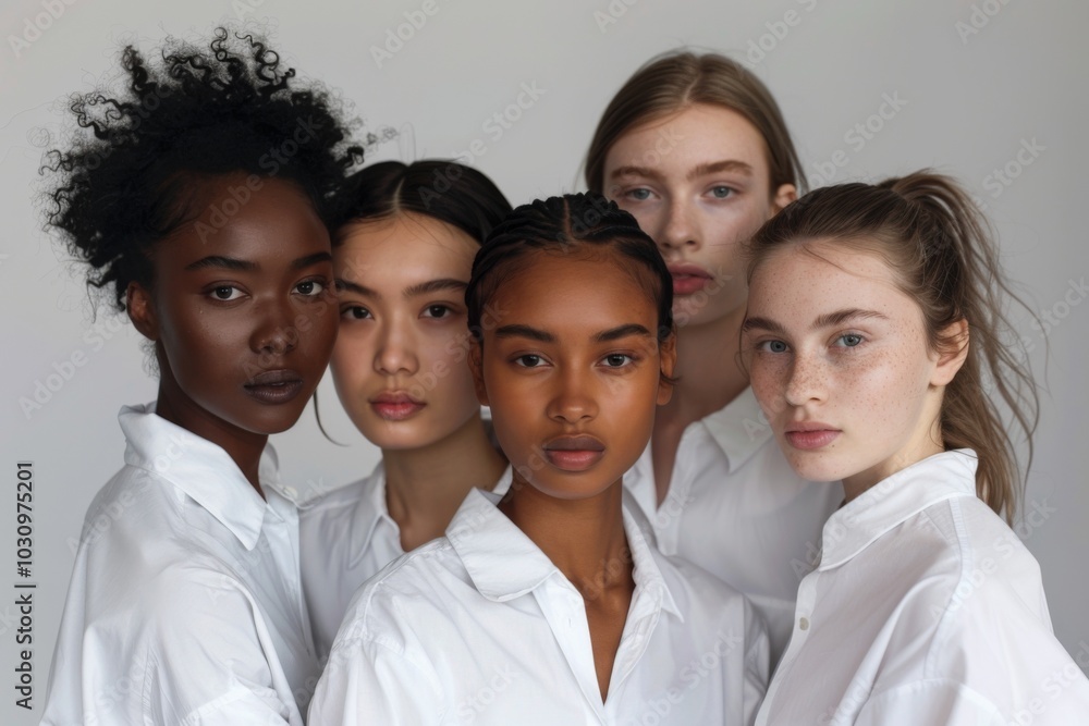 diverse group of young women in white shirts diverse group of young women in white shirts