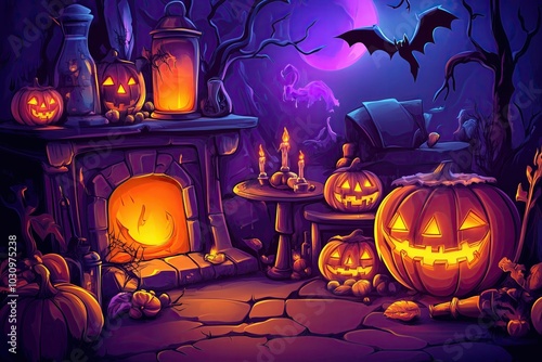 Cozy Halloween scene with glowing pumpkins, candles, and a spooky bat-filled night sky