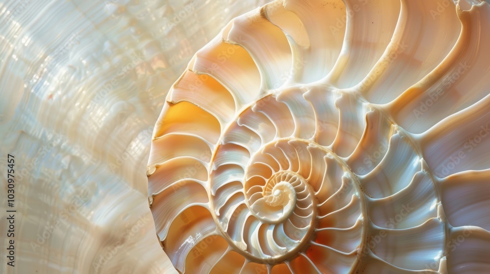 Nautilus shell in closeup, showcasing its iconic spiral pattern. The shell's geometric design is a stunning piece of nature's art. Nautilus shell in closeup, showcasing its iconic spiral pattern. The shell's geometric design is a stunning piece of nature's art.
