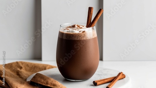 Delicious chocolate and coffee smoothie drink with cinnamon sticks. photo